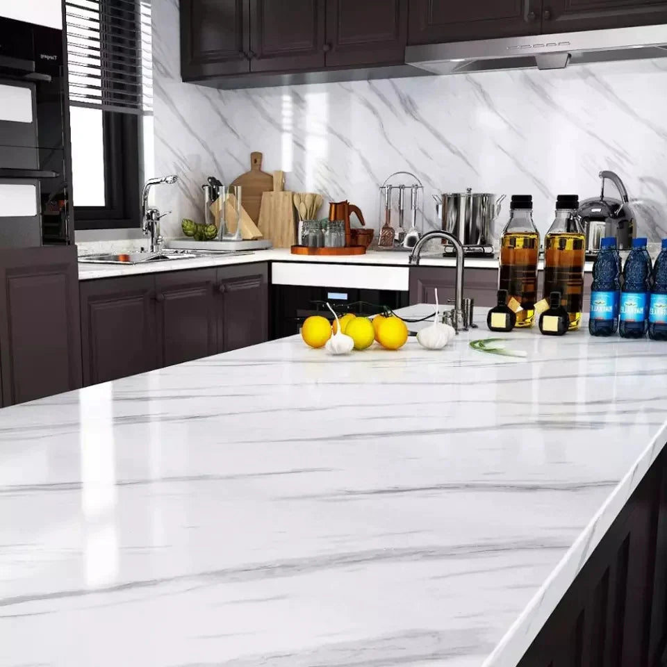 (Pack of 5) Self Adhesive White Marble Sheet for Kitchen /