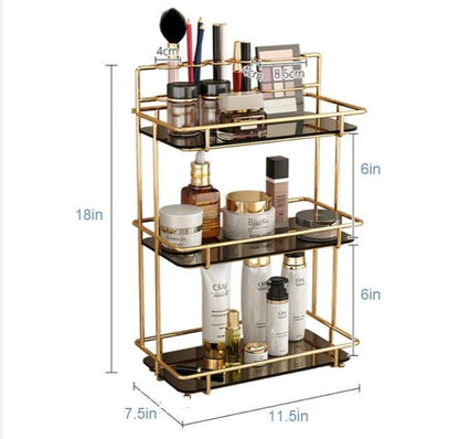 Golden Makeup Organizer with Black Glass Shelves