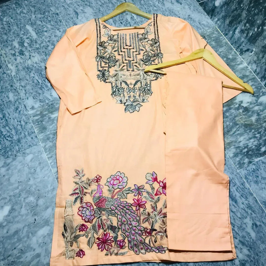 2 Pcs Women's Stitched Lawn Embroidered Shirt And Trouser