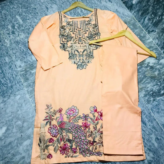 2 Pcs Women's Stitched Lawn Embroidered Shirt And Trouser