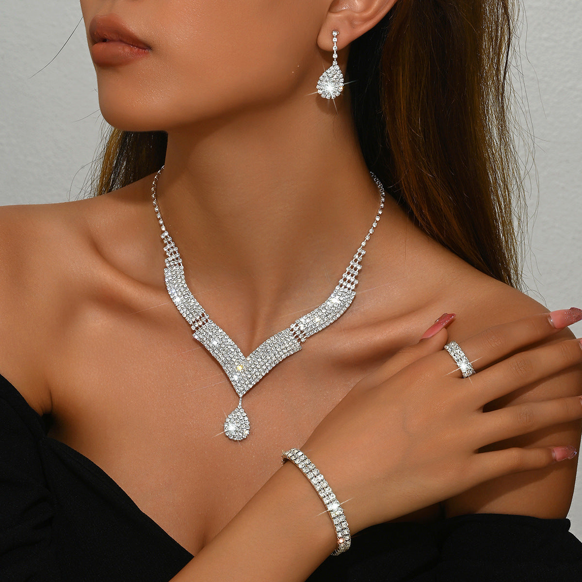 Elegant Bridal Jewelry Set with V-Neck Necklace & Earrings
