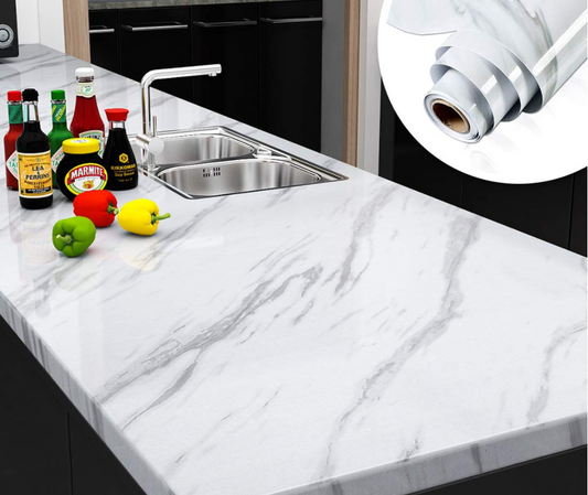 (Pack of 5) Self Adhesive White Marble Sheet for Kitchen /