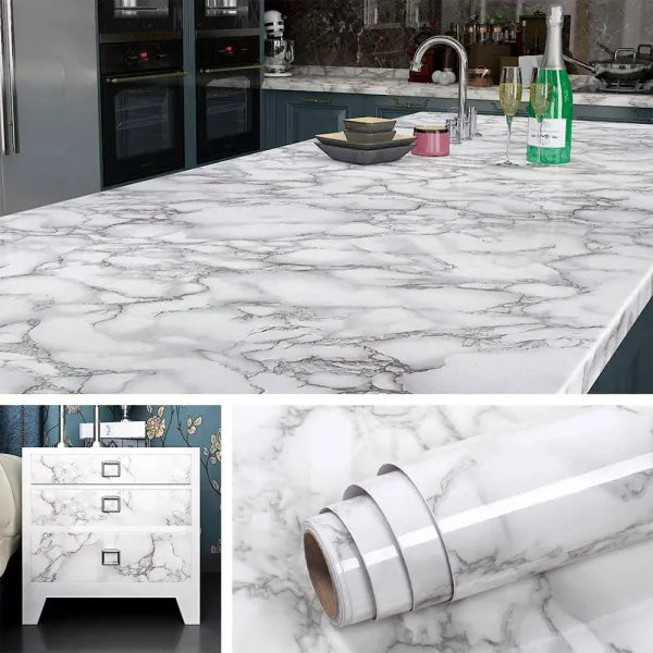 (Pack of 5) Self Adhesive White Marble Sheet for Kitchen /