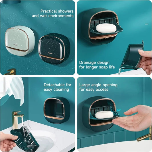 Self-Adhesive Wall-Mounted Luxury Soap Holder with Lid and Drainage